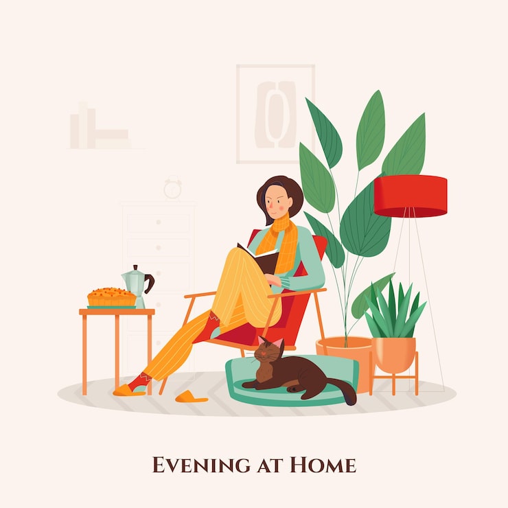 Miễn phí Vector hình minh họa: người phụ nữ trên ghế bành dành buổi tối với mèo và sách tại căn hộ ấm cúng của cô ấy