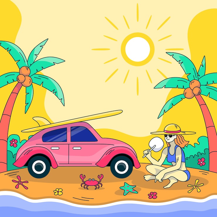 Miễn phí Vector hình minh họa nhiệt mùa hè vẽ tay với người phụ nữ ở bãi biển với ô tô