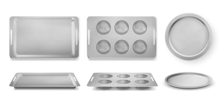 Miễn phí Vector khay nướng bánh nướng xốp, pizza và bánh mì nhìn từ trên xuống và từ phía trước, chảo thiếc trống