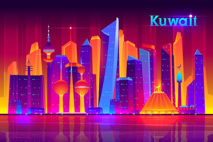 Miễn phí Vector mẫu biểu ngữ phim hoạt hình cuộc sống về đêm của khu đô thị kuwait với thành phố văn hóa châu á, hồi giáo hiện đại