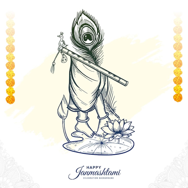 Miễn phí Vector minh họa thần hindu krishna vẽ đường nét, thiết kế sáo và lông công