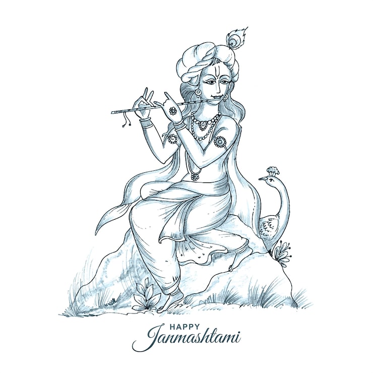 Miễn phí Vector nền thiệp lễ hội janmashtami vui vẻ vẽ tay hình ảnh phác thảo thần krishna