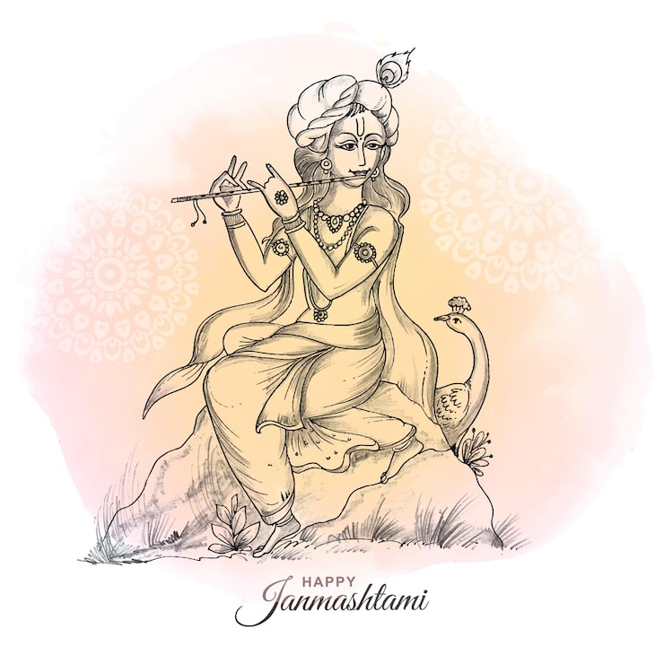 Miễn phí Vector nền thiệp lễ hội janmashtami vui vẻ vẽ tay hình ảnh phác thảo thần krishna