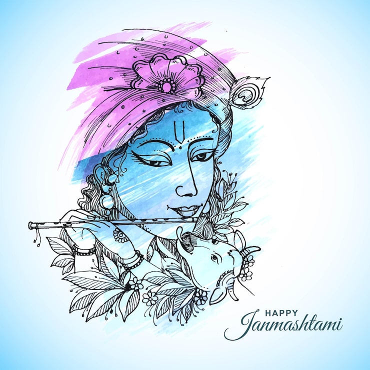 Miễn phí Vector nền thiệp lễ hội janmashtami vui vẻ vẽ tay hình ảnh phác thảo thần krishna
