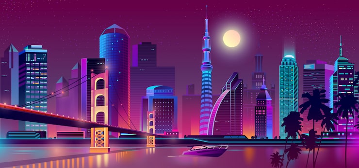 Miễn phí Vector nền với thành phố đêm trong ánh đèn neon