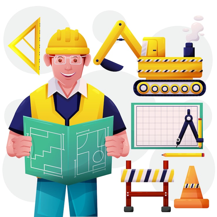 Miễn phí Vector người công nhân trẻ tuổi và thiết bị và máy móc đường bộ xây dựng