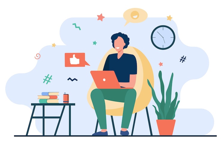 Miễn phí Vector người làm việc tự do vui vẻ với máy tính ở nhà. thanh niên ngồi trên ghế bành và sử dụng máy tính xách tay, trò chuyện trực tuyến và mỉm cười. minh họa vector cho công việc từ xa, học trực tuyến, làm việc tự do