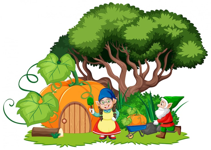Miễn phí Vector người lùn và ngôi nhà bí ngô theo phong cách hoạt hình trên nền trắng