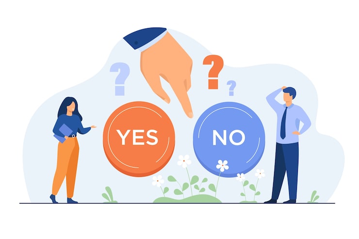 Miễn phí Vector những người hay suy nghĩ đưa ra lựa chọn khó khăn giữa hai lựa chọn, hình minh họa phẳng riêng biệt.