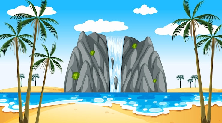 Miễn phí Vector phong cảnh bãi biển nhiệt đới vào ban ngày với thác nước