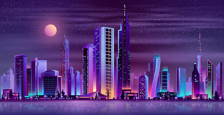 Miễn phí Vector phong cảnh thành phố hiện đại về đêm, đèn neon, phong cách hoạt hình