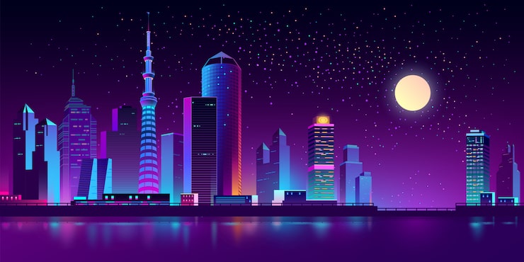 Miễn phí Vector thành phố lớn neon trên sông vào ban đêm