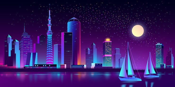 Miễn phí Vector thành phố lớn neon trên sông với du thuyền