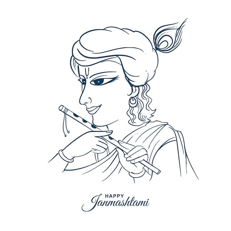 Miễn phí Vector thiết kế thiệp chúc mừng janmashtami vui vẻ với hình vẽ phác thảo của thần krishna