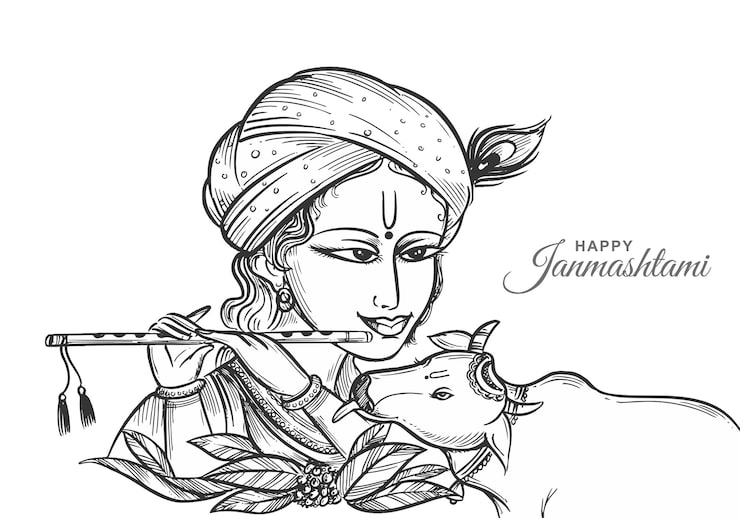 Miễn phí Vector thiết kế thiệp chúc mừng janmashtami vui vẻ với hình vẽ phác thảo của thần krishna