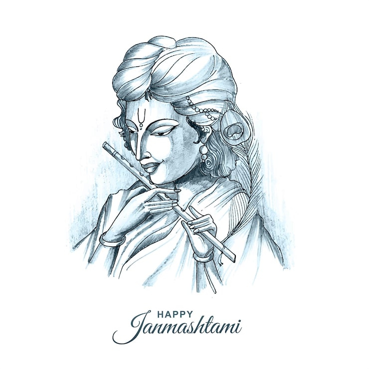 Miễn phí Vector thiết kế thiệp vẽ tay nghệ thuật hiện đại kỷ niệm ngày janmashtami của chúa shri krishna