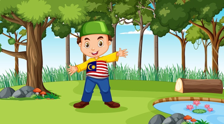 Miễn phí Vector trẻ em hồi giáo malaysia mặc trang phục truyền thống trong khung cảnh rừng