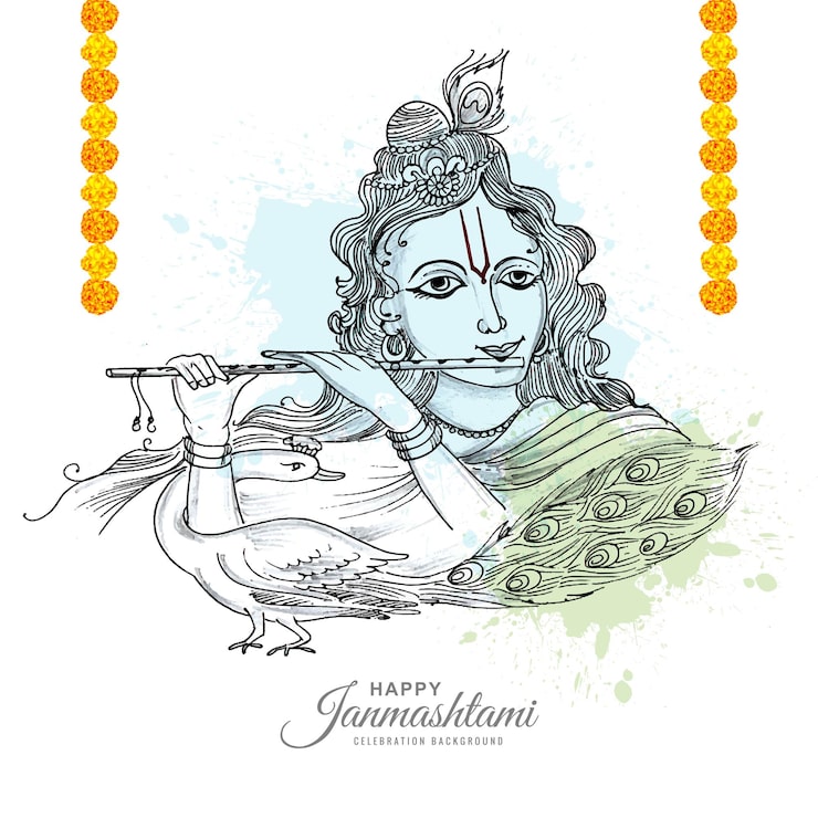 Miễn phí Vector vẽ tay phác họa thần krishna trong nền lễ kỷ niệm janmashtami vui vẻ
