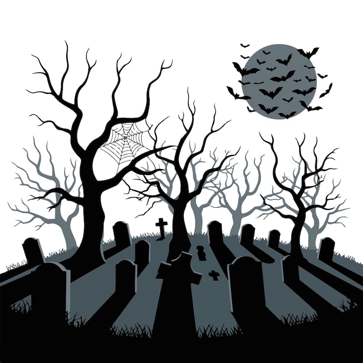Vector 08 ilustración de noche de halloween con castillo oscuro, cementerio y cruz de siluetas