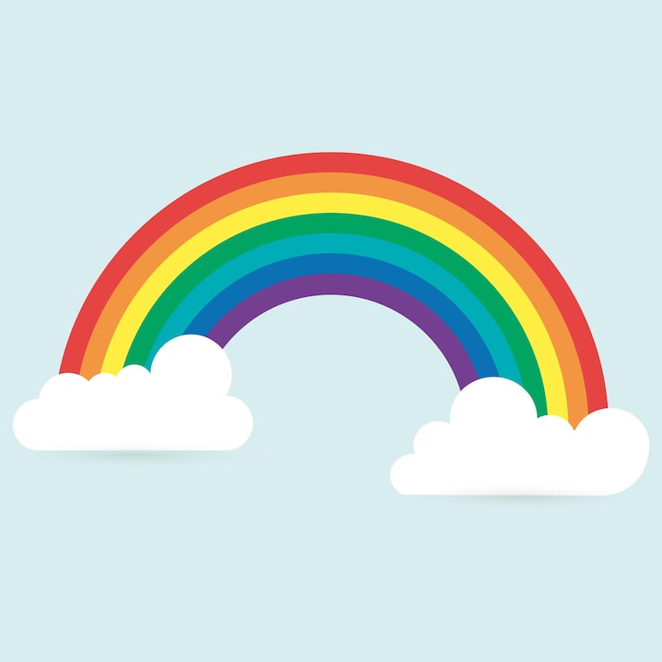 Vector arco iris sobre un fondo blanco estilo plano arco iris en las nubes con una sombra