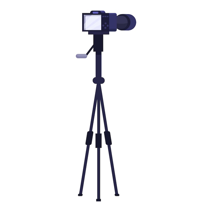 Vector cámara digital profesional de pie en un trípode grabando contenido de video