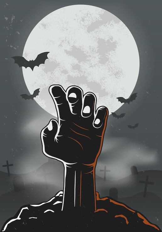 Vector cartel de halloween con mano zombie y murciélagos fondo de halloween