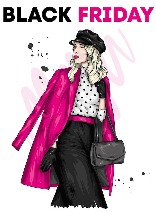 Vector cartel de viernes negro con hermosa chica en ropa elegante