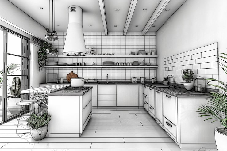 Vector una cocina con un piso de azulejos blancos y una imagen en blanco y negro de una cocina