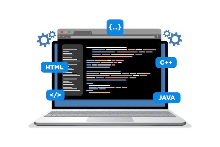 Vector concepto de programación y codificación. pantalla de portátil mostrando script y lenguajes de programación.