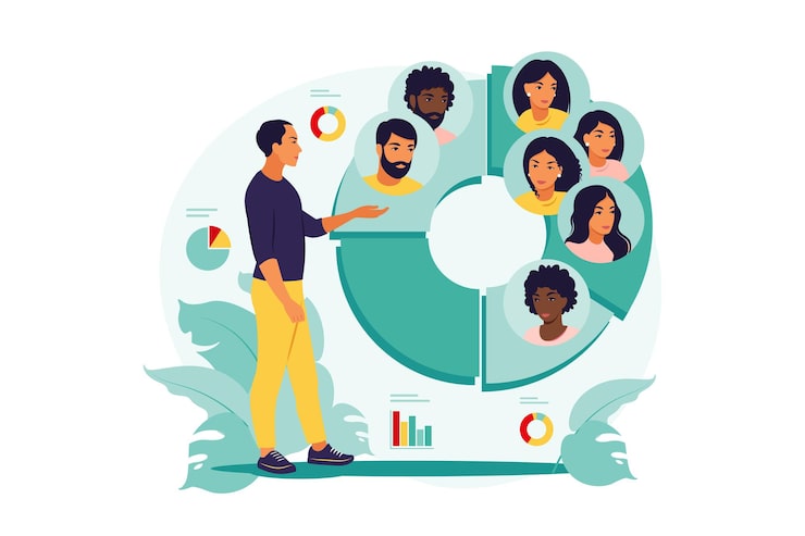 Vector concepto de segmentación de audiencia. hombre cerca de un gran gráfico circular con imágenes de personas.