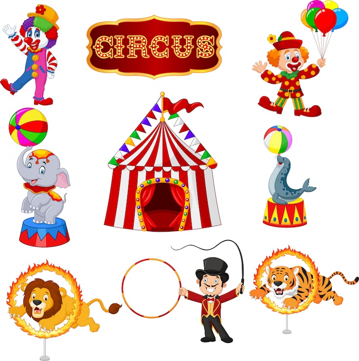 Vector conjunto de artistas y animales de dibujos animados de circo