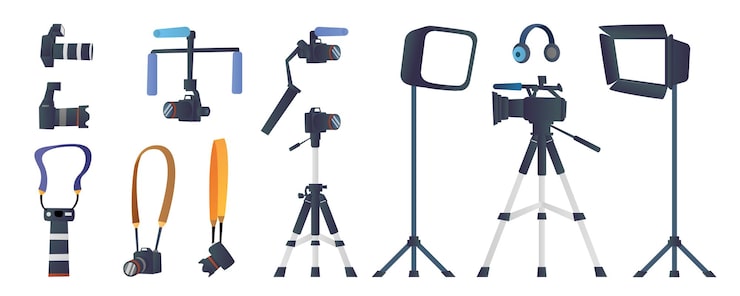 Vector conjunto de colección de equipos de fotografía y videografía.