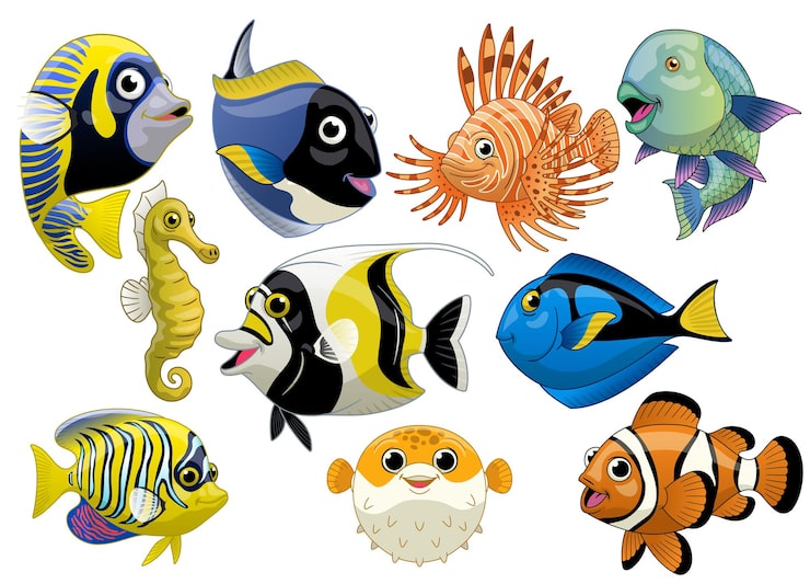 Vector conjunto de peces de coral de dibujos animados