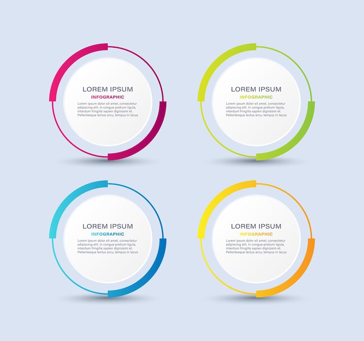 Vector cuatro elementos infográficos circulares con espacio para los datos
