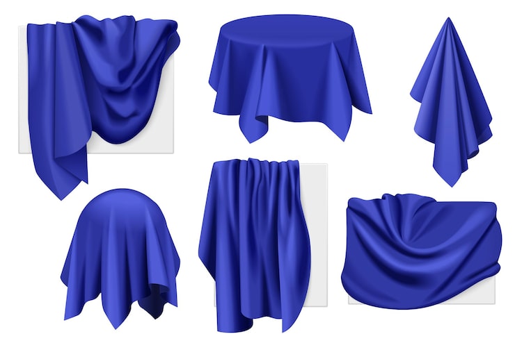 Vector cubierta de tela azul oscuro en objetos con conjunto de drapeado drapeado 3d en tela en marcos de mesa de esfera