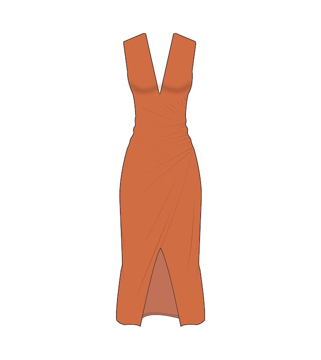 Vector elegante vestido midi sin mangas con abertura frontal