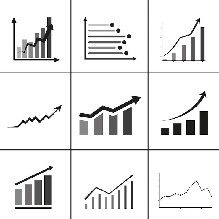 Vector estadísticas y gráficos de datos con una flecha hacia abajo o hacia arriba un conjunto de gráficos de caídas y picos