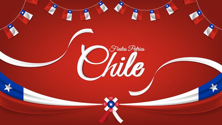 Fiestas Patrias Chile o Día Nacional de Chile Saludo con cintas y banderas nacionales