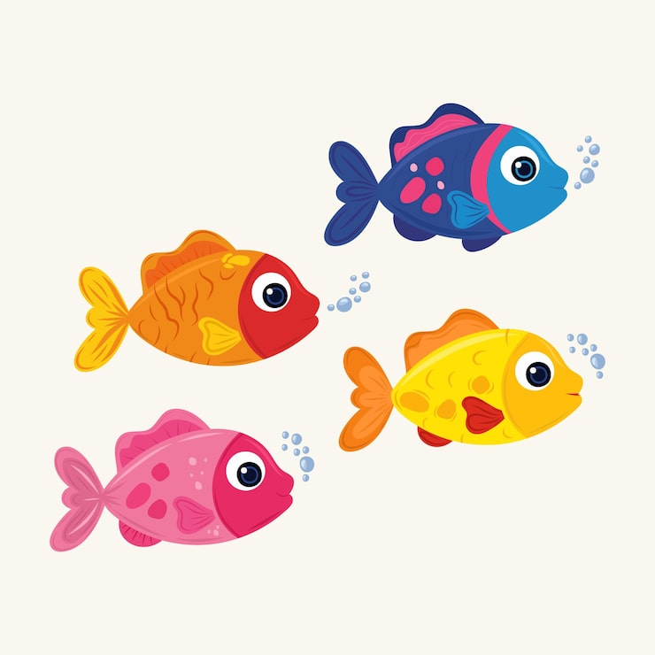 Vector el fondo aislado del conjunto de peces vibrantes planos
