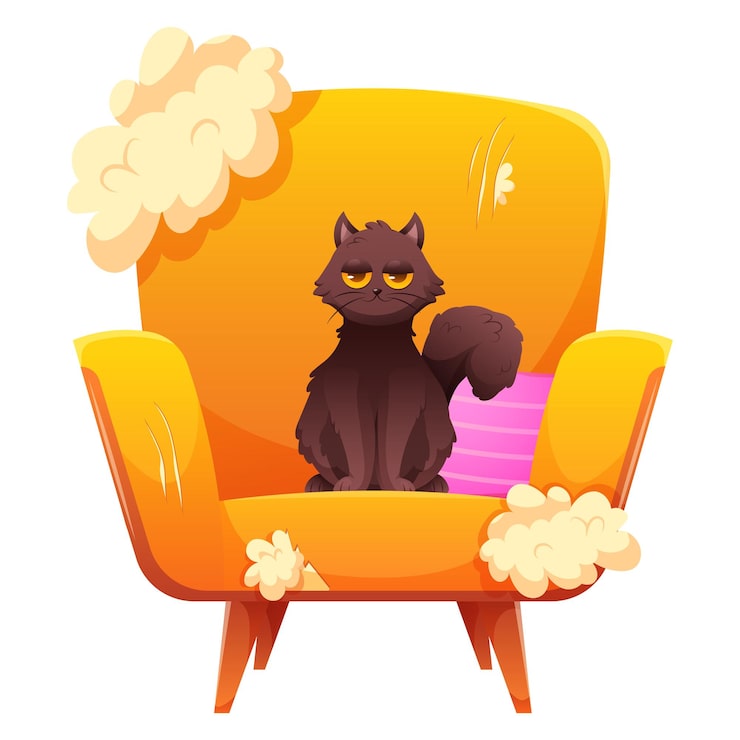 Vector el gato negro de dibujos animados gracioso está sentado con la cara feliz en la silla rayada y rota