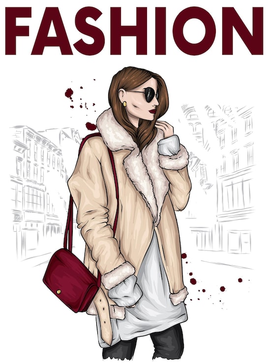 Vector hermosa chica con pantalones de abrigo de piel de moda y elegantes guantes y gafas pelo largo