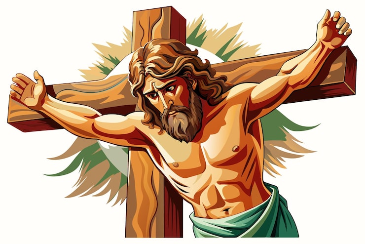 Vector un hombre de cabello largo y barba cuelga de una cruz de madera expresando una emoción intensa en un telón de fondo que recuerda a una puesta de sol