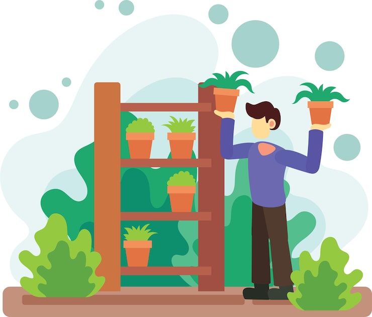 Vector ilustración de un niño arreglando plantas en macetas en un estante de madera