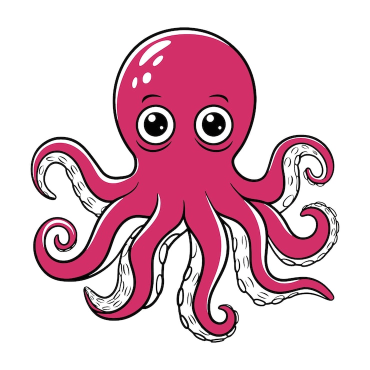 Vector ilustración de pulpo rosa de dibujos animados con ojos grandes