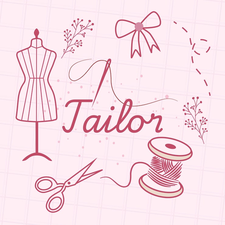 Vector una ilustración con temática rosa que presenta un maniquí de modista, tijeras de coser y un carrete de hilo.