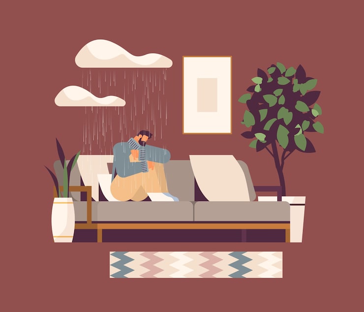 Vector infeliz hombre deprimido sentado en el sofá bajo la nube de lluvia chico que se siente desesperado y solitario enfermedades de salud mental