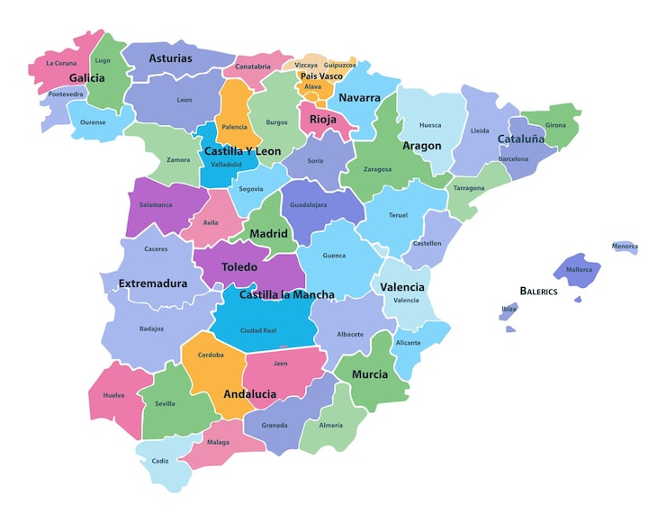 El mapa detallado de España con regiones o estados y ciudades capitales