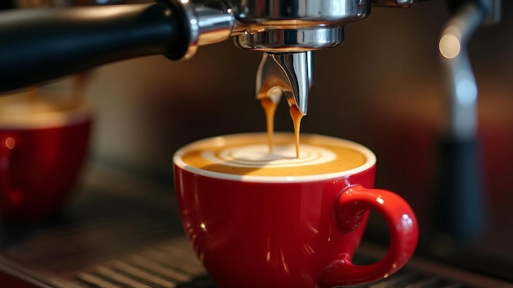 Vector la máquina de espresso preparando café fresco en un primer plano de una taza