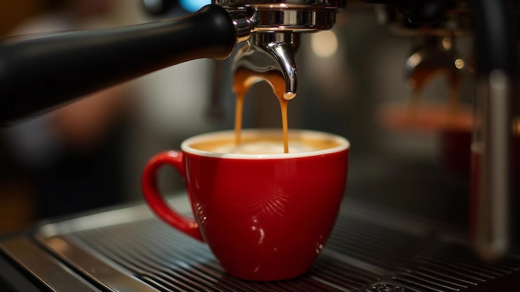 Vector la máquina de espresso preparando café fresco en un primer plano de una taza
