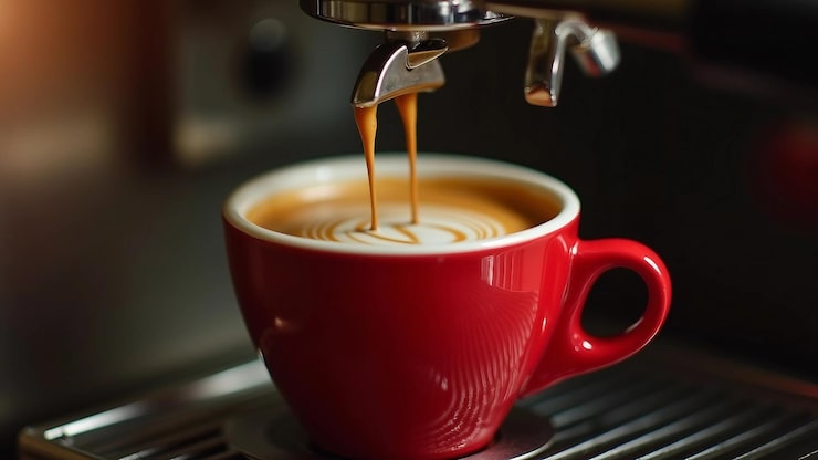 Vector la máquina de espresso preparando café fresco en un primer plano de una taza